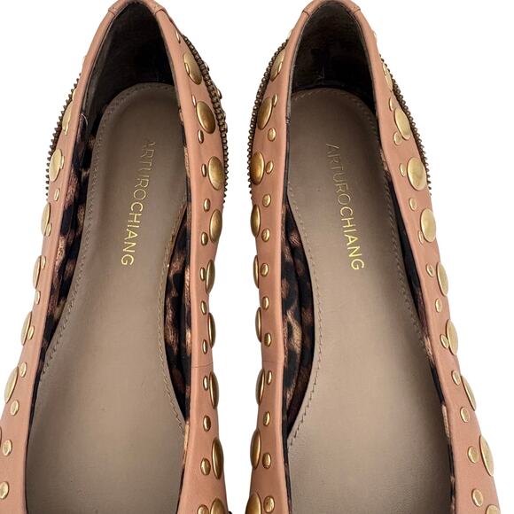Arturo Chiang Studded Tan Leather Ballet Flats Shoes w/ Zipper Trim - Picture 9 of 11
